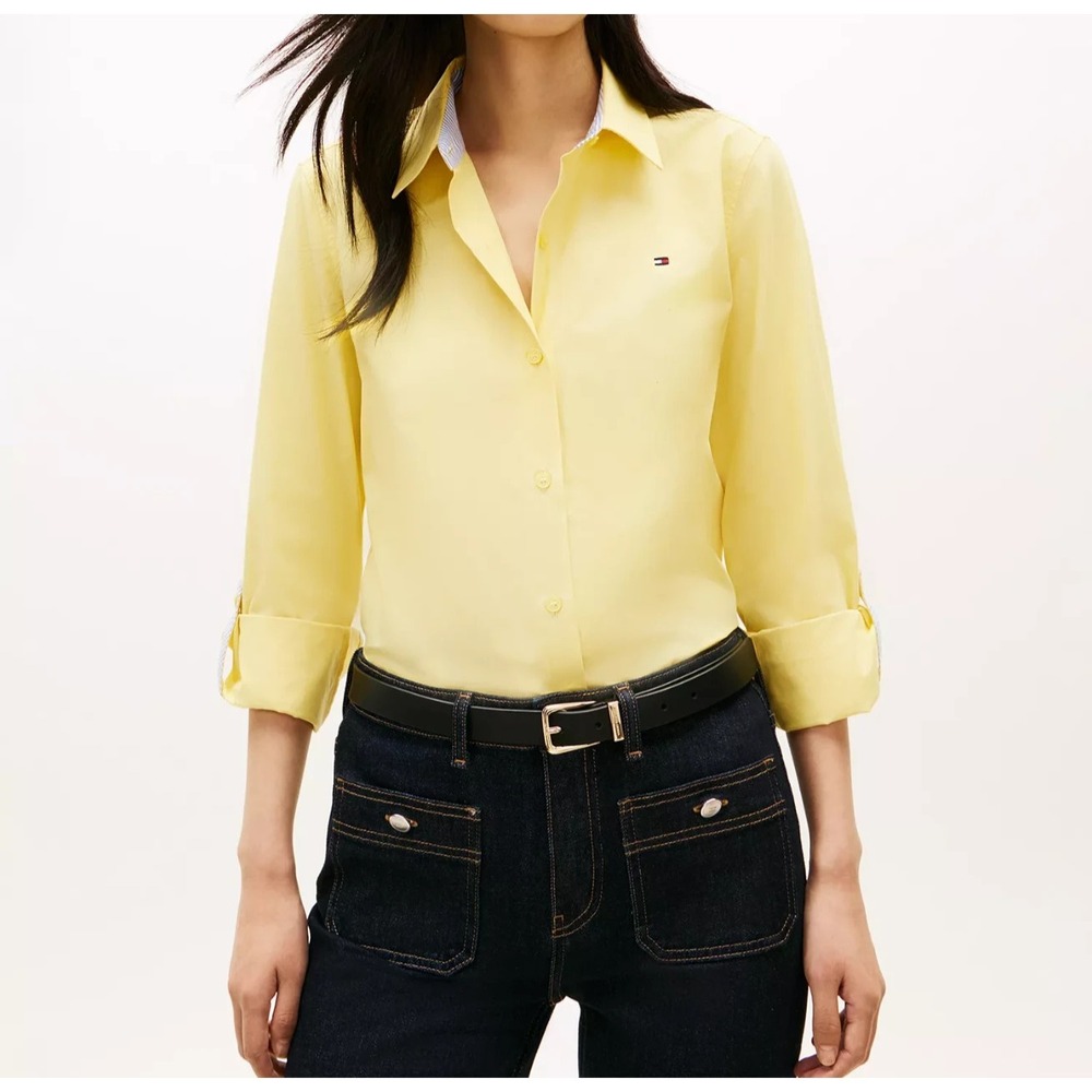 Tommy Hilfiger Women's‎ Classic Poplin Roll-Tab Long-Sleeve Shirt Size L Yellow